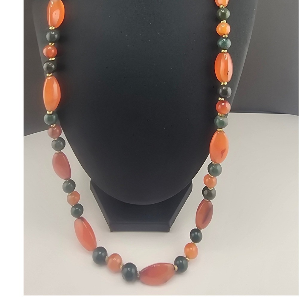 Vintage Estate Necklace Orange Green Stone Beaded Statement 27 Inch